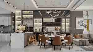 طراحی داخلی فضای نشیمن و آشپزخانه مدرن برای اسکچاپ