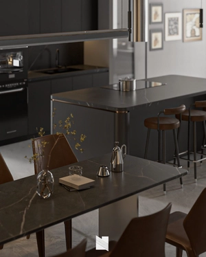 طراحی فضای نشیمن و آشپزخانه لوکس با تم رنگی دودی تیره