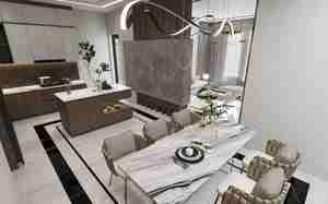 طراحی نشیمن و آشپزخانه لوکس و مدرن با تلفیقی از سنگ و چوب برای اسکچاپ