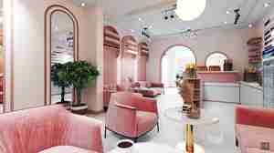 طراحی داخلی رستوران و کافی شاپ با تم صورتی برای اسکچاپ