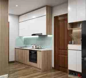 طراحی داخلی آشپزخانه و نشیمن مینیمال و کوچک تم کرم و سفید 98 برای اسکچاپ