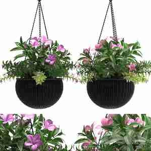 گلدان آویزان حصیری با گل های صورتی HANGING BASKET3