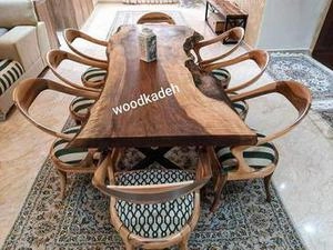 ست میز ناهارخوری اسلب چوب گردو با صندلیهای تمام چوب گردو