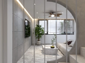 طراحی داخلی نشیمن و آشپزخانه و تراس کوچک برای اسکچاپ