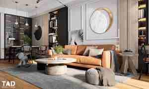 طراحی داخلی فضای نشیمن و آشپزخانه مدرن و لوکس برای اسکچاپ