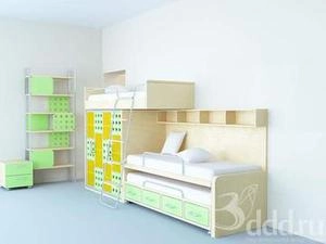 طراحی اتاق خواب کودک با سه تخت خواب با رنگ های سبز/کرم