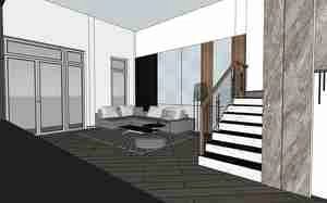 طراحی  داخلی نشیمن و آشپزخانه مدرن در کنار پله برای اسکچاپ