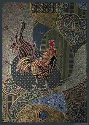 نقاشی خروس در بک گراند هنری و ایرانی