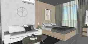 طراحی داخلی اتاق خواب مدرن همراه با مبل و میز برای اسکچاپ