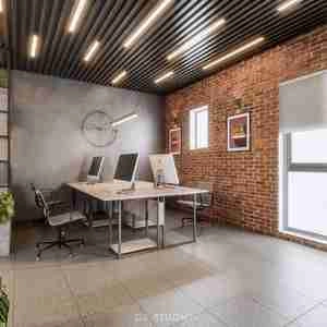 مدلینگ آماده رندر فضای داخلی دفتر کار برای اسکچاپ با تم طراح مدرن بتنی و آجر