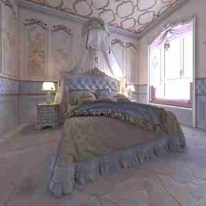 طراحی اتاق خواب دخترانه با تم آبی و ارغوانی و گچبری پتینه شده