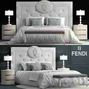 آبجکت تخت خواب با عسلی و آباژور  رنگ سفید  Bed fendi Cameo Maxi Bed