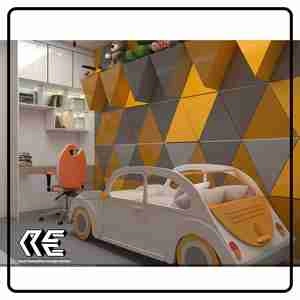 اتاق خواب نوجوان پسر با ترکیب بندی رنگ طوسی و پرتقالی