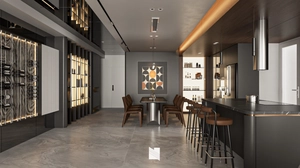 طراحی فضای نشیمن و آشپزخانه لوکس با تم رنگی دودی تیره