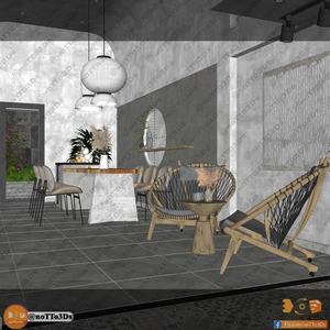 طراحی داخلی نشیمن و آشپزخانه و تراس کوچک برای اسکچاپ