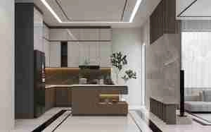 طراحی نشیمن و آشپزخانه لوکس و مدرن با تلفیقی از سنگ و چوب برای اسکچاپ