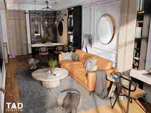 طراحی داخلی فضای نشیمن و آشپزخانه مدرن و لوکس برای اسکچاپ