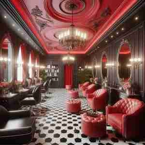 طراحی سالن زیبای / آرایشگاه زنانه با تم مشکی و قرمز ئوکلاسیک