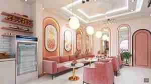 طراحی داخلی رستوران و کافی شاپ با تم صورتی برای اسکچاپ