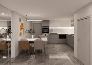 طراحی داخلی نشیمن و آشپزخانه تم سفید مدرن و مینیمال دوبلکس