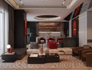 طراحی داخلی فضای نشیمن و آشپزخانه مدرن و لوکس برای اسکچاپ