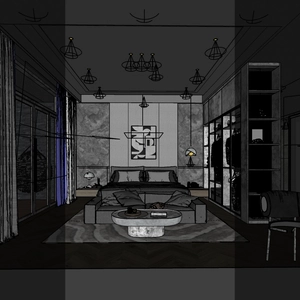 طراحی اتاق خواب با کمد دیواری مشکی و تخت سفید