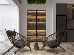 طراحی داخلی نشیمن و آشپزخانه و تراس کوچک برای اسکچاپ