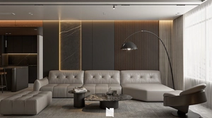 طراحی فضای نشیمن و آشپزخانه لوکس با تم رنگی دودی تیره