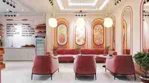 طراحی داخلی رستوران و کافی شاپ با تم صورتی برای اسکچاپ