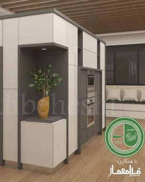 دکوراسیون اشپزخانه بامتریال چوب وکابینت هایگلاس سفید