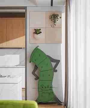 طراحی داخلی نشیمن و آشپزخانه با ترکیب رنگ سبز و چوب برای اسکچاپ