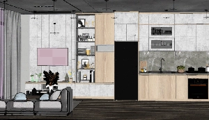 طراحی داخلی نشیمن و آشپزخانه مدرن برای اسکچاپ