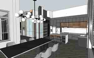 طراحی  داخلی نشیمن و آشپزخانه مدرن در کنار پله برای اسکچاپ