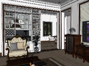 طراحی داخلی نشیمن و آشپزخانه نئوکلاسیک برای اسکچاپ