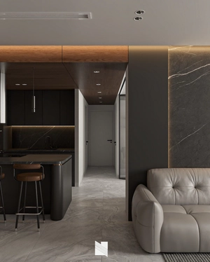 طراحی فضای نشیمن و آشپزخانه لوکس با تم رنگی دودی تیره