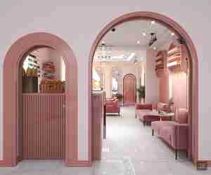 طراحی داخلی رستوران و کافی شاپ با تم صورتی برای اسکچاپ