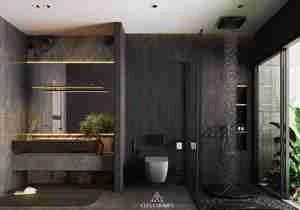 طراحی داخلی فضای حمام و سرویس بهداشتی مدرن با تم مشکی برای اسکچاپ