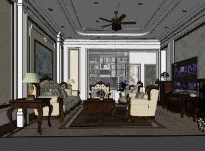 طراحی داخلی نشیمن و آشپزخانه نئوکلاسیک برای اسکچاپ