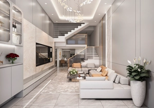 طراحی داخلی نشیمن و آشپزخانه تم سفید مدرن و مینیمال دوبلکس