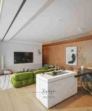 طراحی داخلی نشیمن و آشپزخانه با ترکیب رنگ سبز و چوب برای اسکچاپ