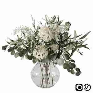 گلدون رو میزی شیشه ای با گل های سفید