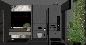 طراحی داخلی فضای حمام و سرویس بهداشتی مدرن با تم مشکی برای اسکچاپ