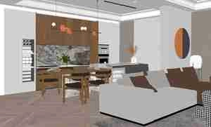 طراحی داخلی نشیمن و آشپزخانه مدرن برای اسکچاپ