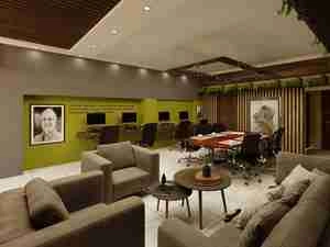 طراحی دفتر معماری با ترکیب رنگ سبز و چوب قهوه ای
