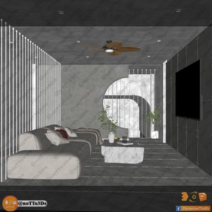 طراحی داخلی نشیمن و آشپزخانه و تراس کوچک برای اسکچاپ