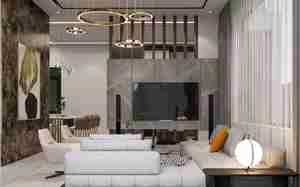 طراحی نشیمن و آشپزخانه لوکس و مدرن با تلفیقی از سنگ و چوب برای اسکچاپ