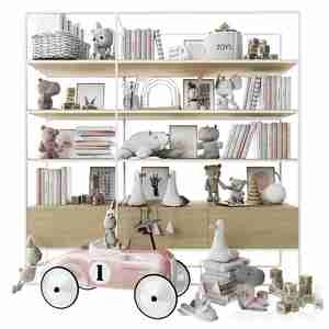 آبجکت  اسباب بازی وقفسه چوبی برای  کتاب Rack with toys and books