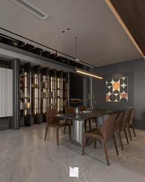 طراحی فضای نشیمن و آشپزخانه لوکس با تم رنگی دودی تیره