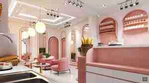 طراحی داخلی رستوران و کافی شاپ با تم صورتی برای اسکچاپ