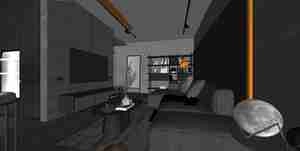 طراحی داخلی نشیمن و آشپزخانه مینیمال با تم مشکی برای اسکچاپ